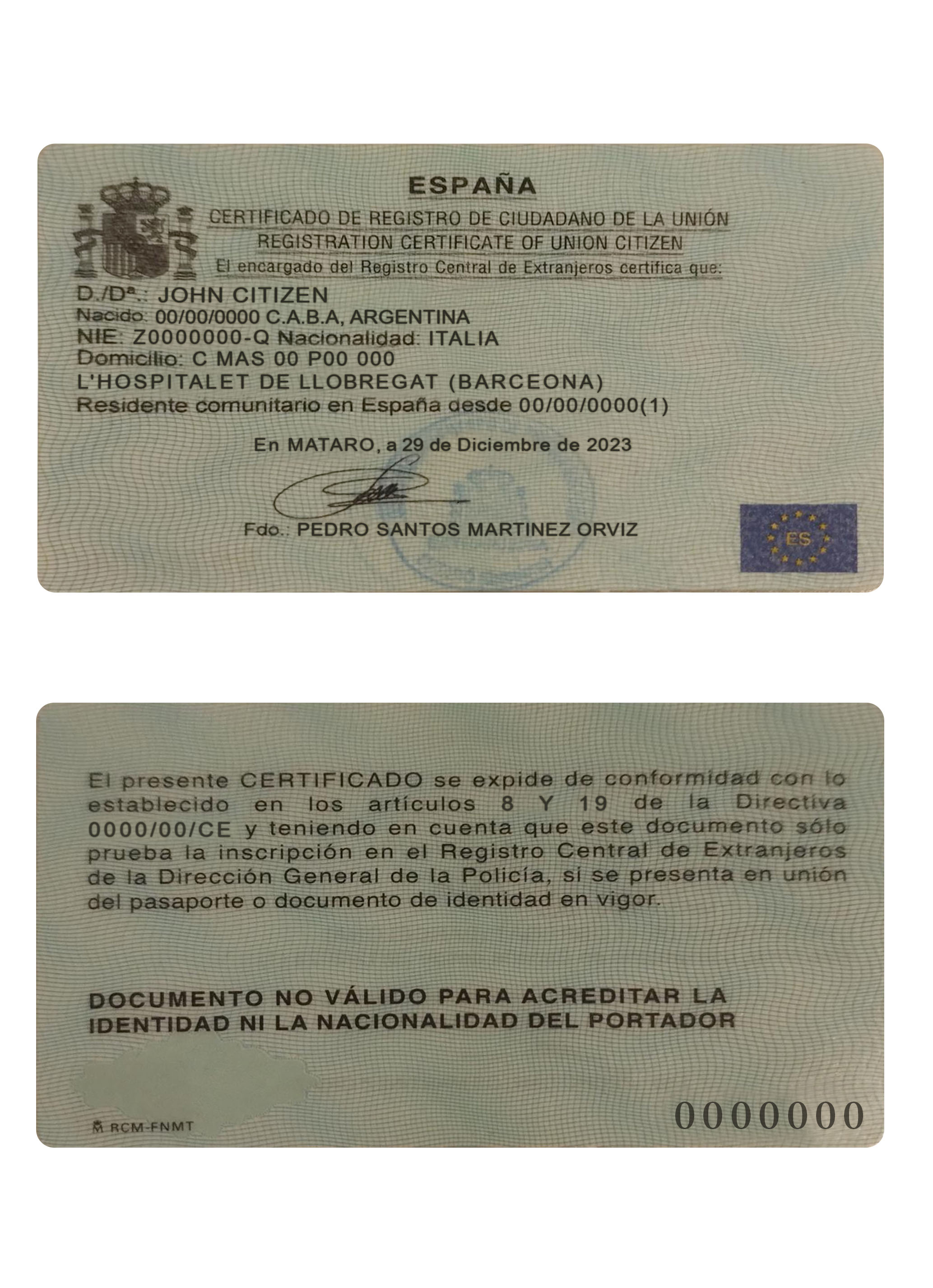 Spain registration certificate of union citizen